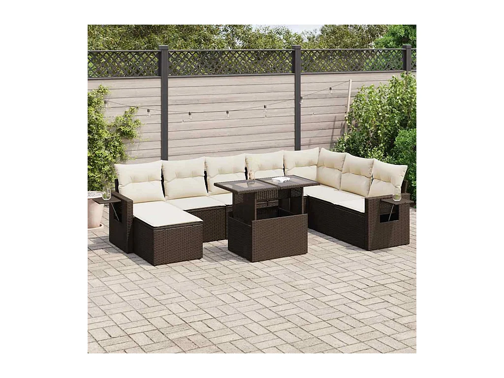Salon de jardin avec coussins 9 pcs marron résine tressée
