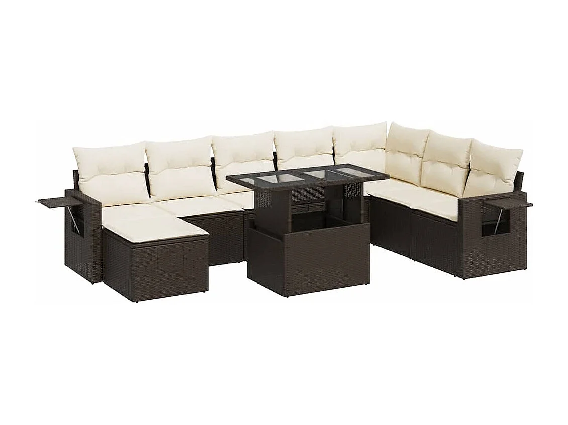 9-delige Loungeset met kussens poly rattan bruin