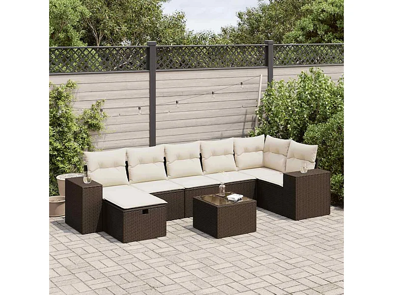 8 pcs conjunto sofás de jardim c/ almofadões vime PE castanho