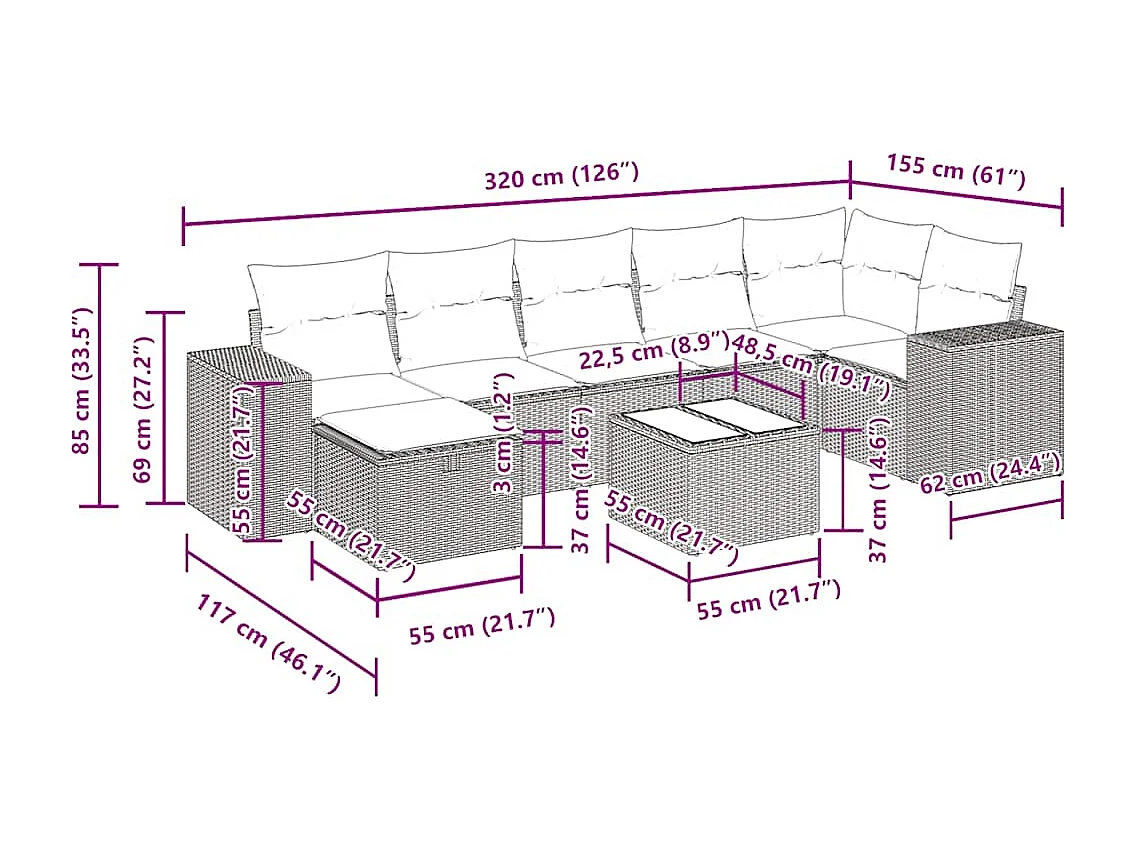 Salon de jardin 8 pcs avec coussins marron résine tressée