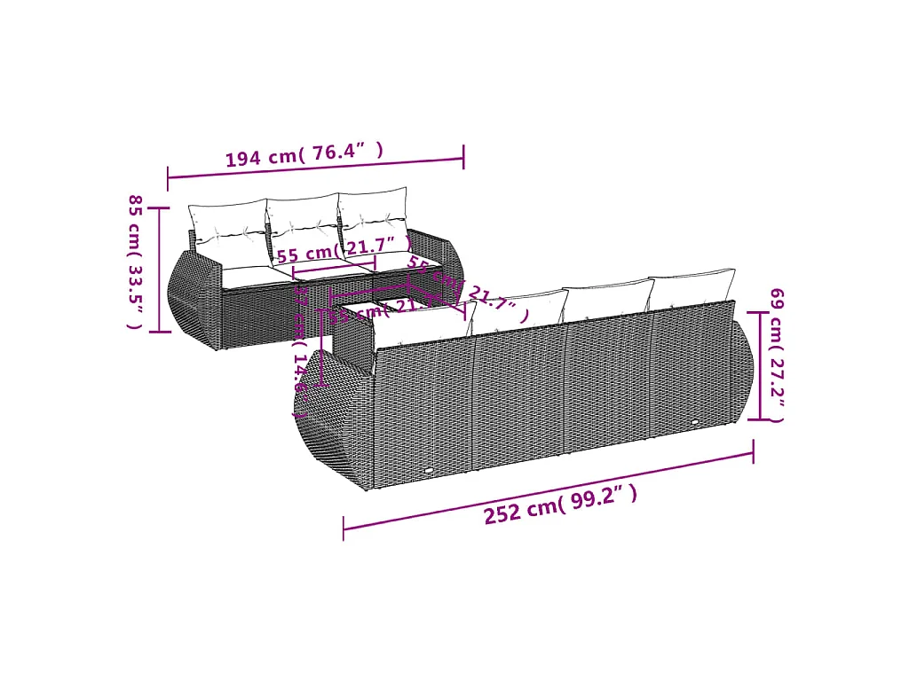 8-delige Loungeset met kussens poly rattan bruin