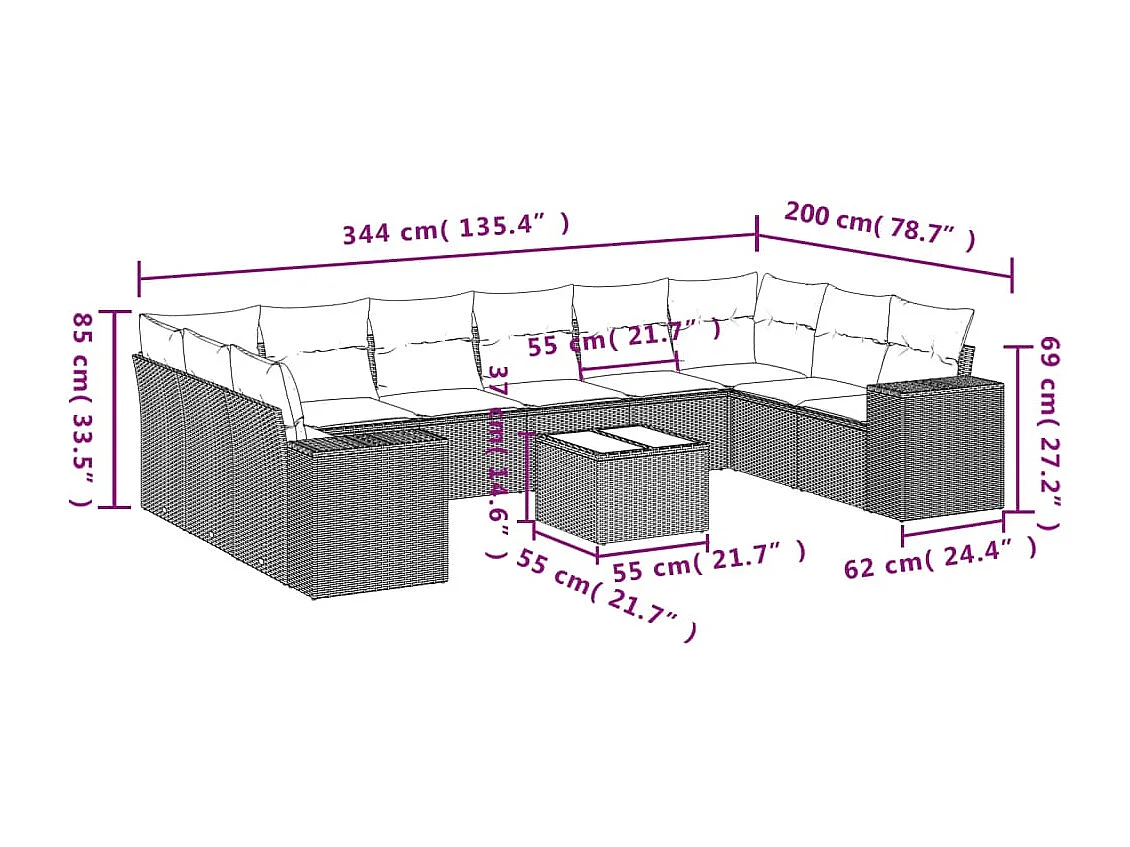 11-delige Loungeset met kussens poly rattan bruin