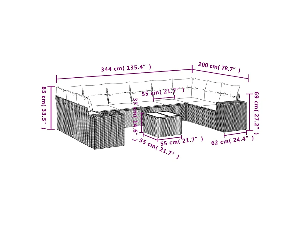 11-delige Loungeset met kussens poly rattan bruin