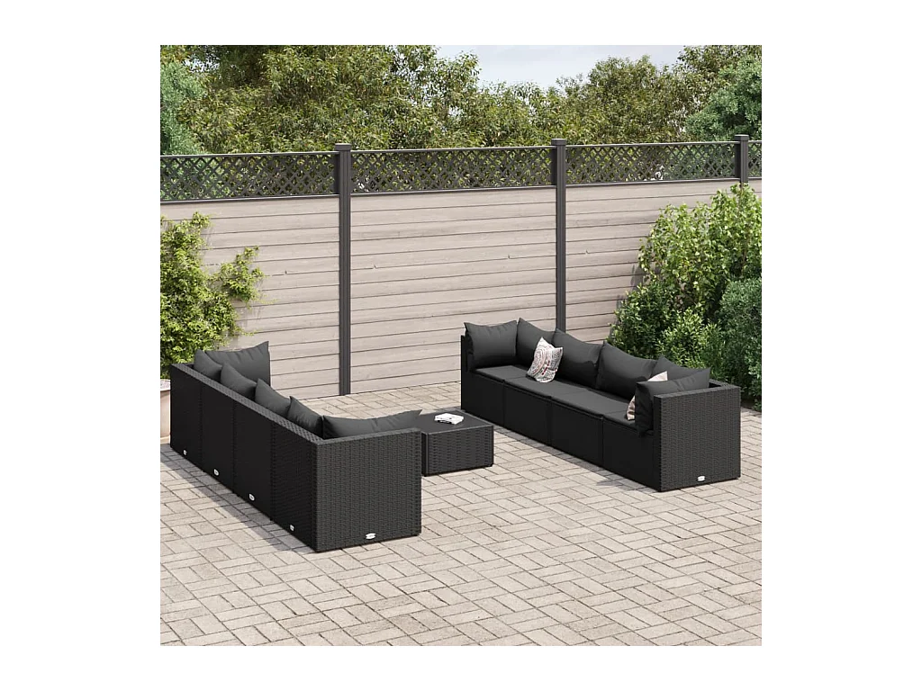 Salon de jardin 9 pcs avec coussins Noir Résine tressée