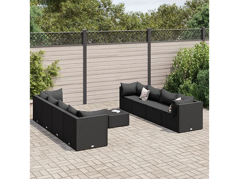 9 pcs conjunto lounge de jardim c/ almofadões vime PE preto
