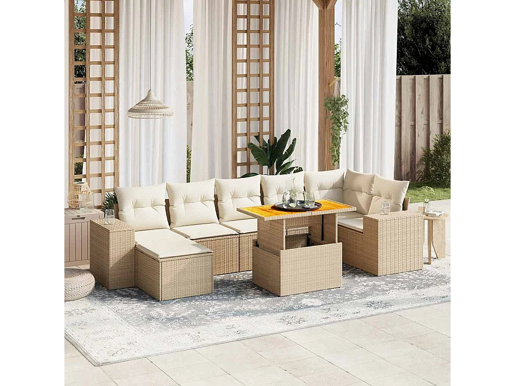 8-tlg. Garten-Sofagarnitur mit Kissen Beige Poly Rattan