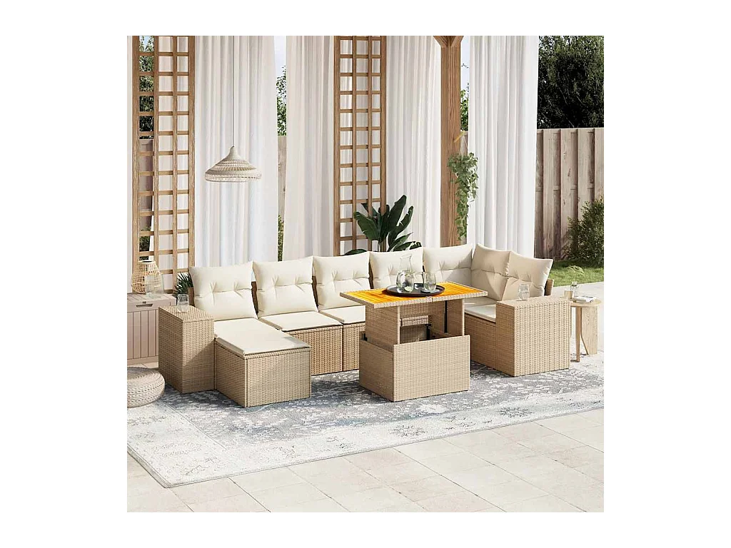 Salon de jardin avec coussins 8 pcs beige résine tressée