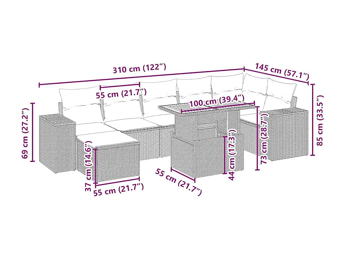 Salon de jardin avec coussins 8 pcs beige résine tressée