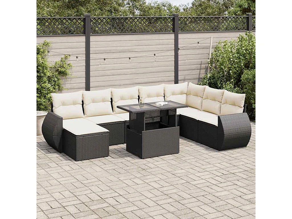 Set Divani da Giardino 9 pz con Cuscini Nero in Polyrattan