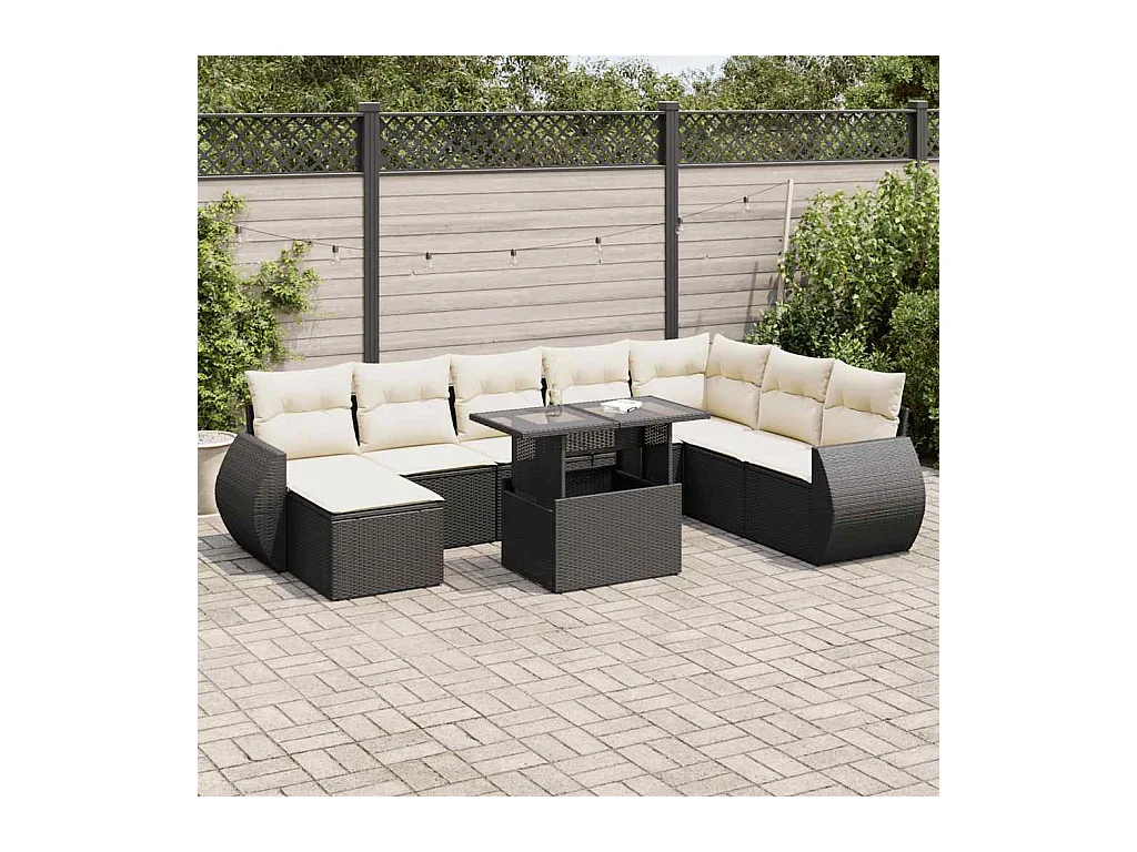 Salon de jardin 9 pcs avec coussins noir résine tressée