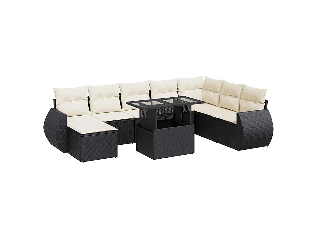 Salon de jardin 9 pcs avec coussins noir résine tressée
