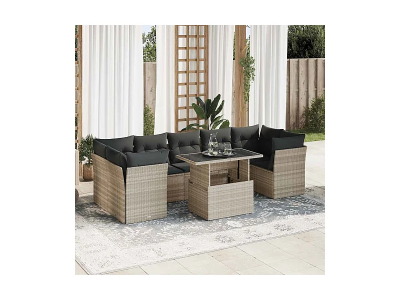 Salon de jardin 8 pcs avec coussins gris clair résine tressée