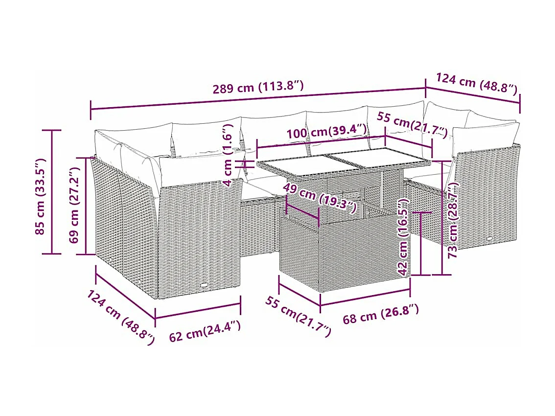 8-delige Loungeset met kussens poly rattan lichtgrijs