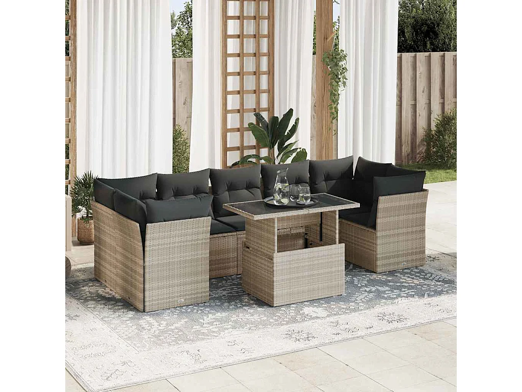 8-tlg. Garten-Sofagarnitur mit Kissen Hellgrau Poly Rattan