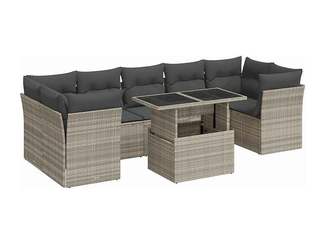8-tlg. Garten-Sofagarnitur mit Kissen Hellgrau Poly Rattan