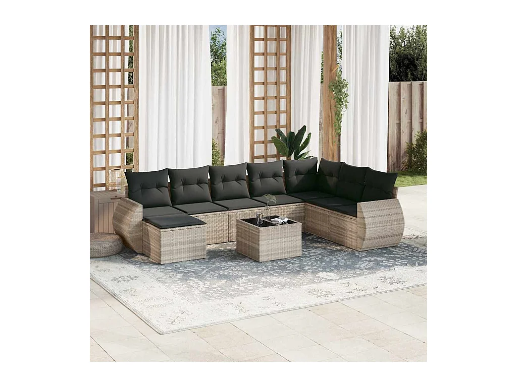 Salon de jardin 9 pcs avec coussins gris clair résine tressée