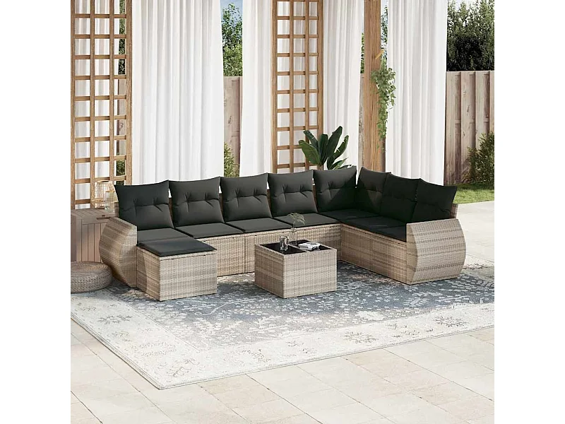 Salon de jardin 9 pcs avec coussins gris clair résine tressée