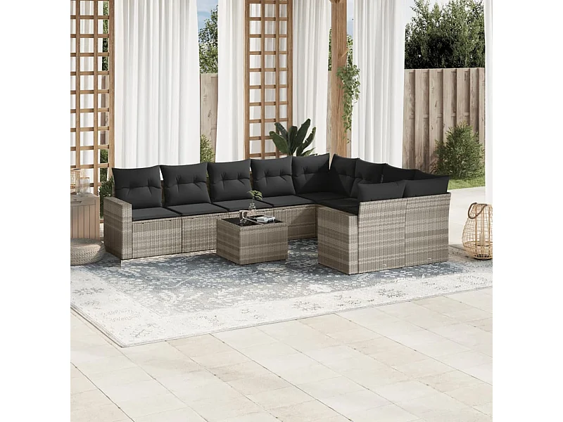 10-tlg. Garten-Sofagarnitur mit Kissen Hellgrau Poly Rattan