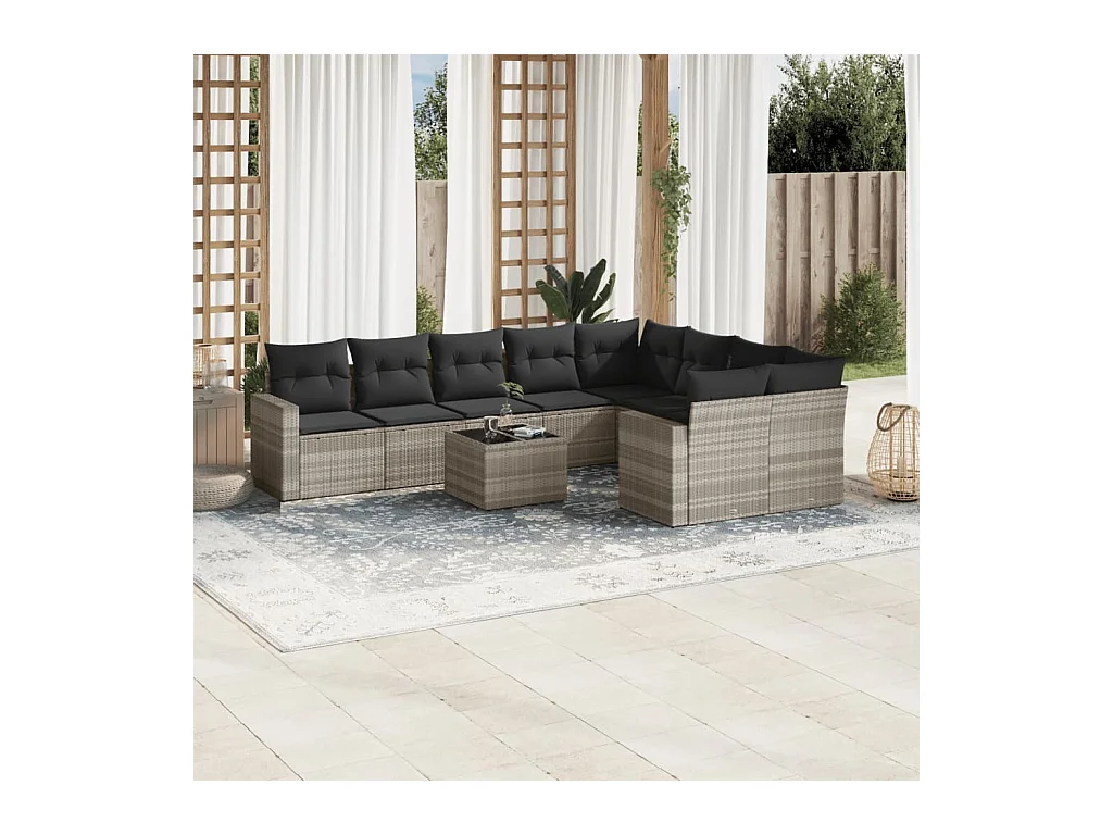 Salon de jardin avec coussins 10 pcs gris clair résine tressée