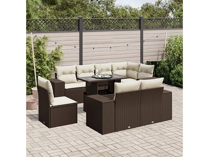 9-tlg. Garten-Sofagarnitur mit Kissen Braun Poly Rattan