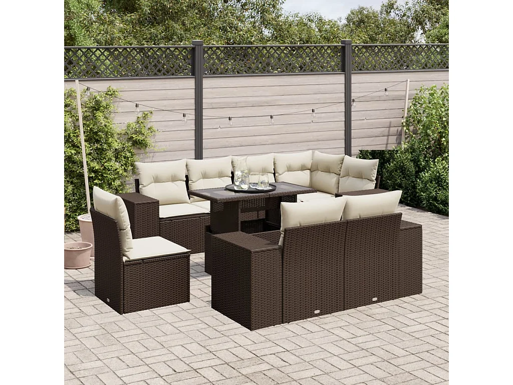 Salon de jardin avec coussins 9 pcs marron résine tressée