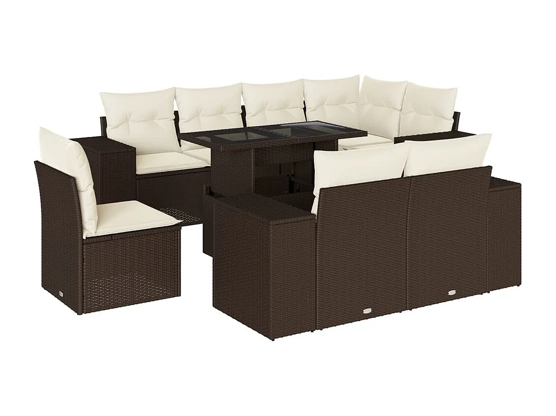 Salon de jardin avec coussins 9 pcs marron résine tressée