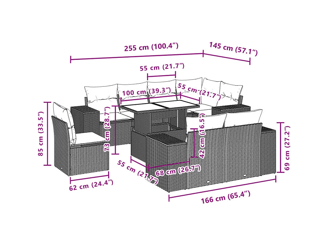 9-delige Loungeset met kussens poly rattan bruin