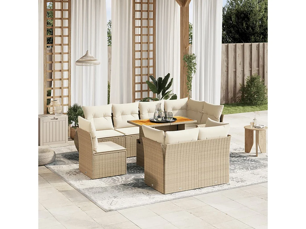 9-delige Loungeset met kussens poly rattan beige