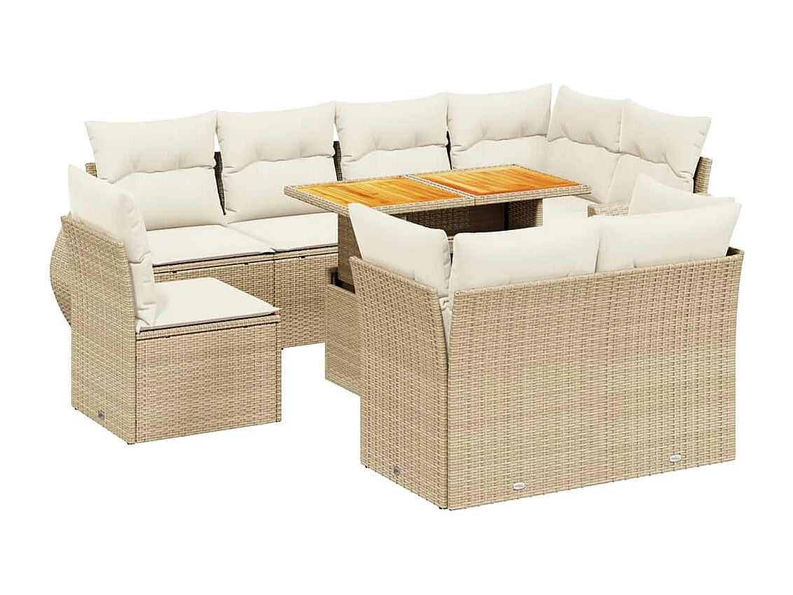 9-delige Loungeset met kussens poly rattan beige