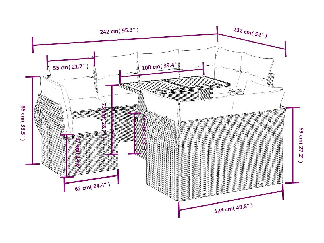 9-delige Loungeset met kussens poly rattan beige