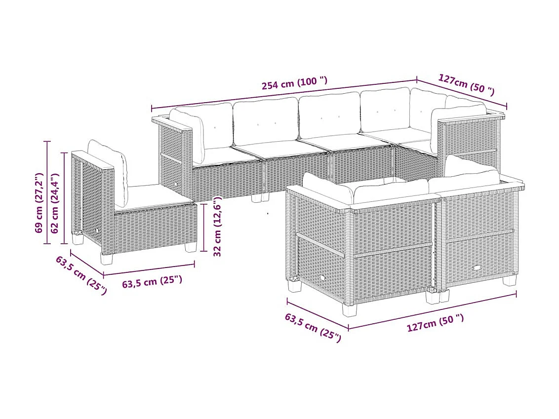 Salon de jardin avec coussins 8 pcs beige résine tressée