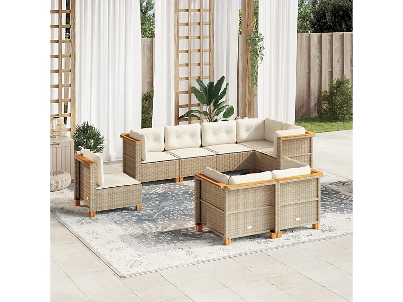 Salon de jardin avec coussins 8 pcs beige résine tressée