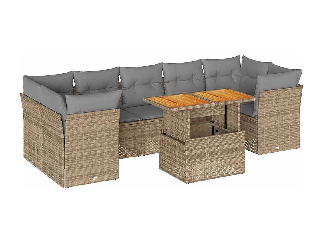Salon de jardin avec coussins 8 pcs beige résine tressée