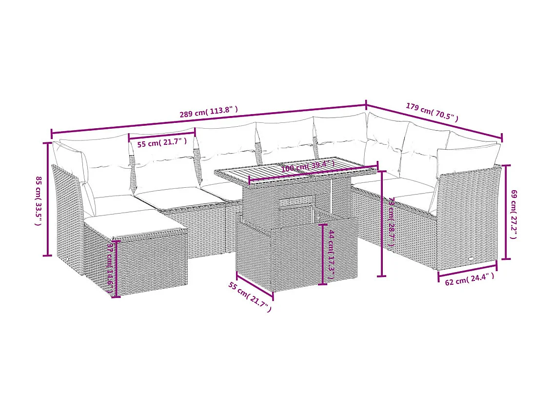 Salon de jardin avec coussins 9 pcs beige résine tressée