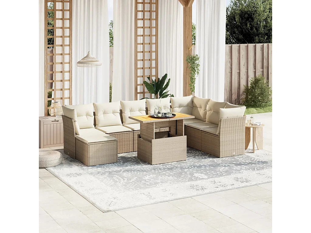 9-tlg. Garten-Sofagarnitur mit Kissen Beige Poly Rattan