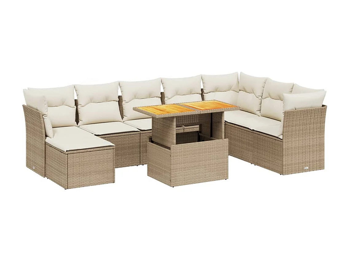 Set Divano da Giardino 9 pz con Cuscini Beige in Polyrattan