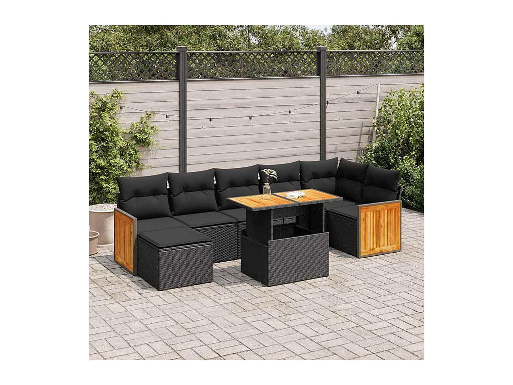 Salon de jardin avec coussins 8 pcs noir résine tressée acacia