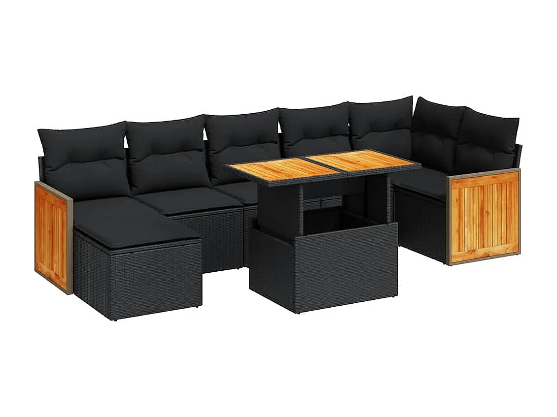 Salon de jardin avec coussins 8 pcs noir résine tressée acacia
