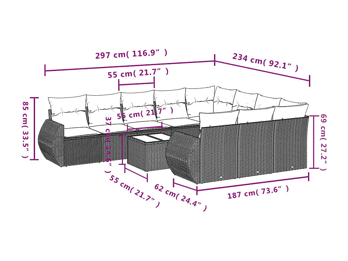 11 pcs conjunto sofás de jardim c/ almofadões vime PE castanho