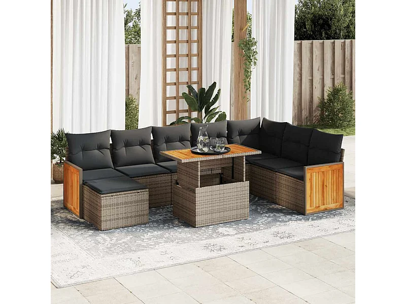 Salon de jardin avec coussins 9 pcs gris résine tressée acacia