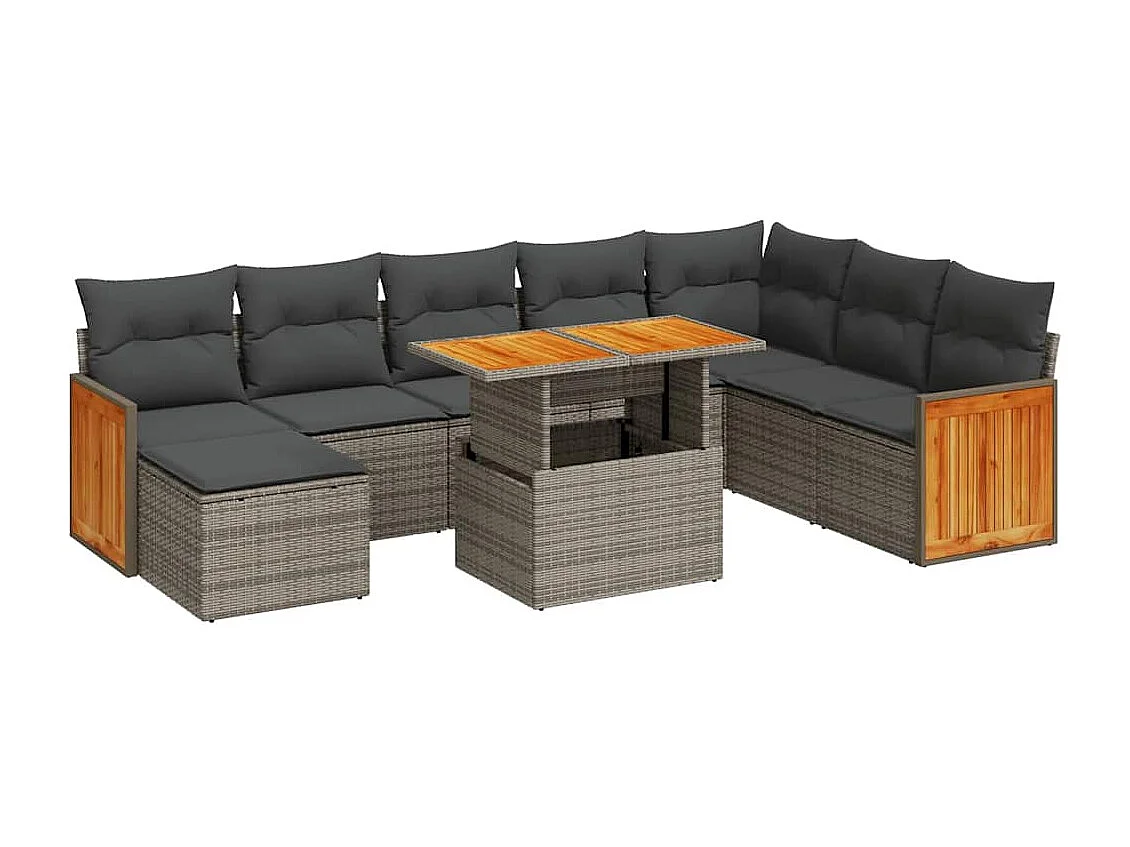 Salon de jardin avec coussins 9 pcs gris résine tressée acacia