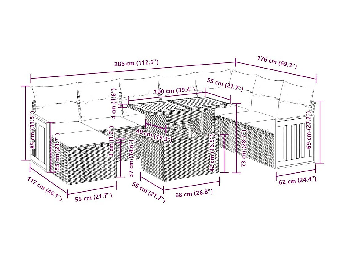 Salon de jardin avec coussins 9 pcs gris résine tressée acacia