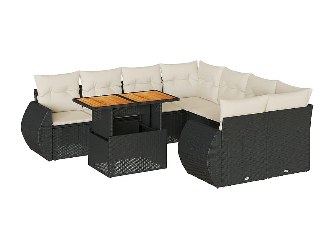 Salon de jardin 9 pcs avec coussins noir résine tressée