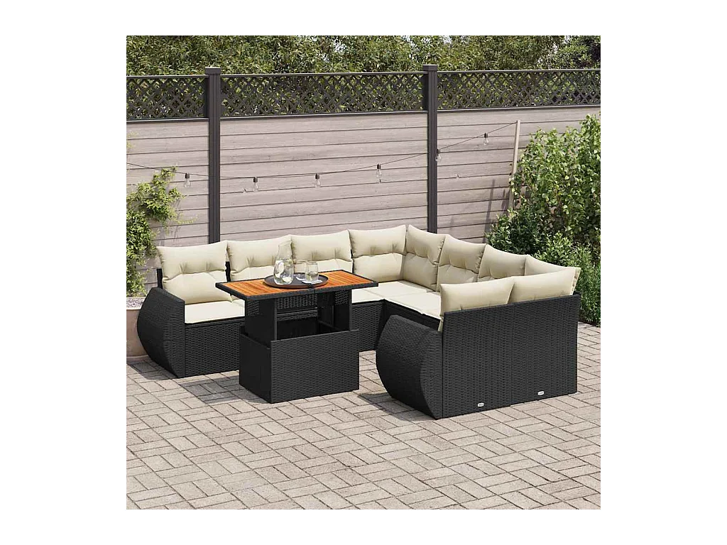 Salon de jardin 9 pcs avec coussins noir résine tressée