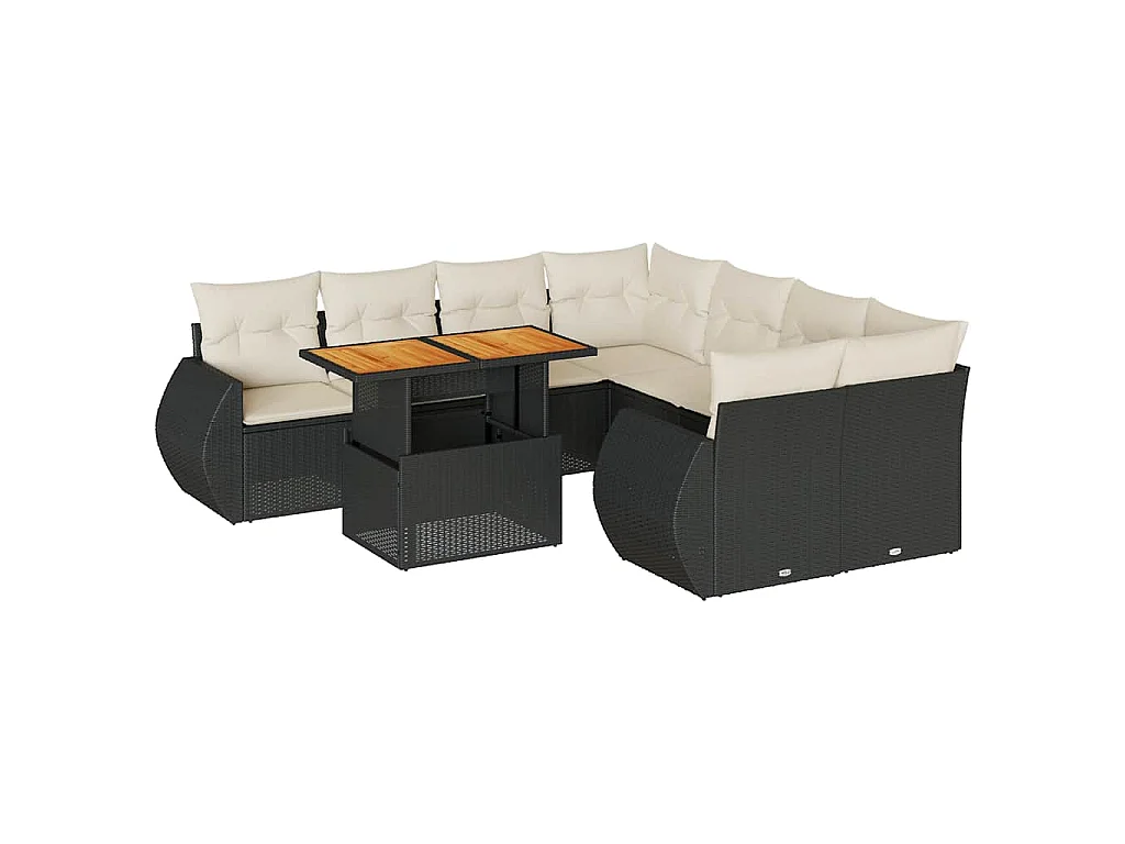 9-tlg. Garten-Sofagarnitur mit Kissen Schwarz Poly Rattan