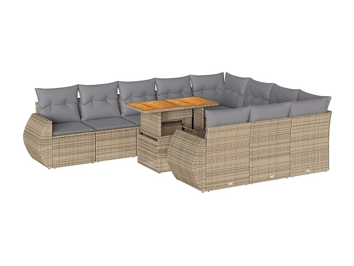11-tlg. Garten-Sofagarnitur mit Kissen Beige Poly Rattan