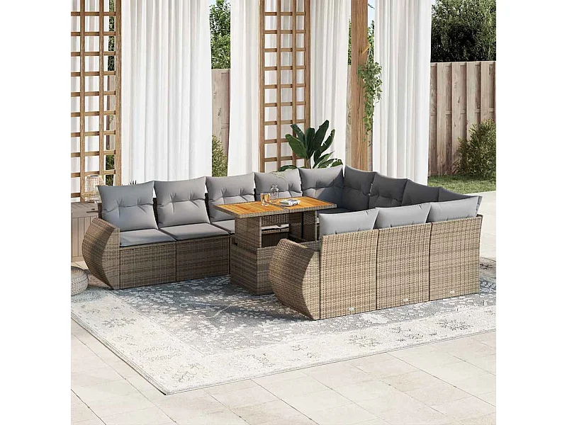 11-tlg. Garten-Sofagarnitur mit Kissen Beige Poly Rattan