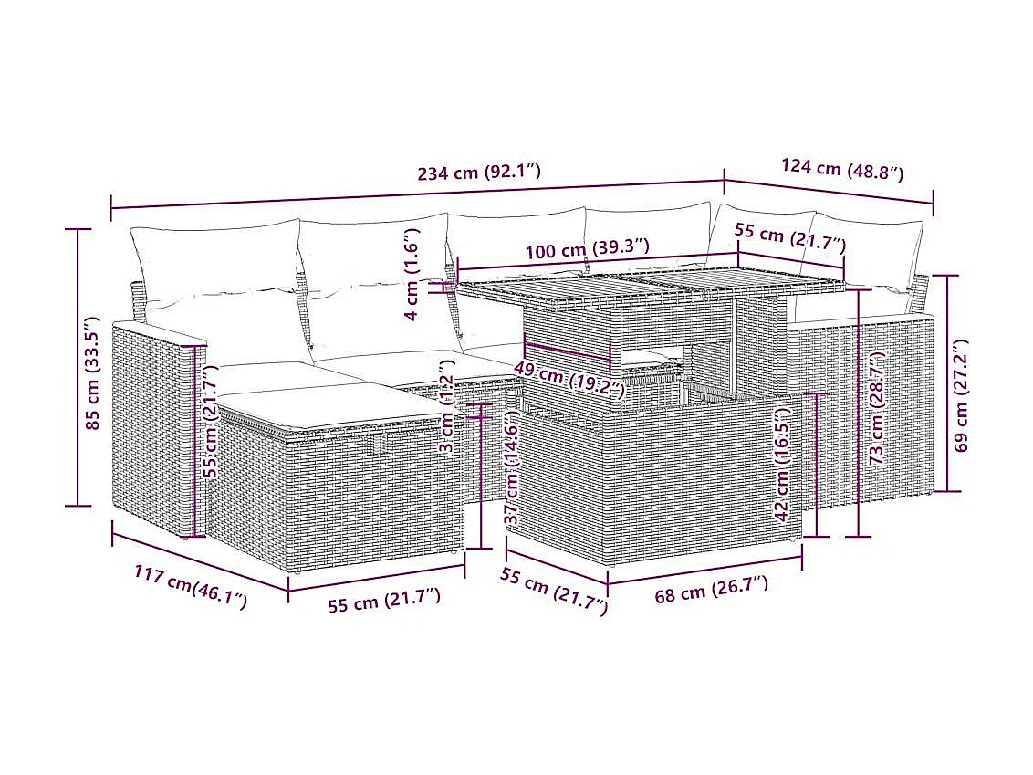 Salon de jardin avec coussins 8 pcs beige résine tressée