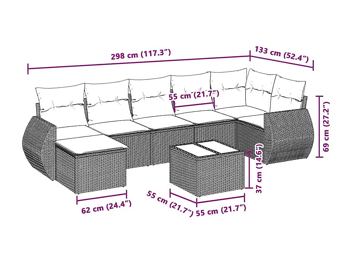 Salon de jardin 8 pcs avec coussins gris clair résine tressée