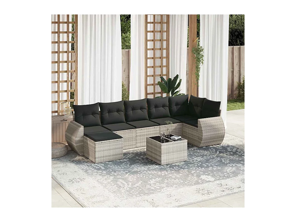 Salon de jardin 8 pcs avec coussins gris clair résine tressée